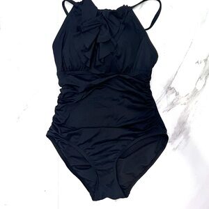 DKNY Black Classic One Piece halter swimsuit‎ ruffle front detail 6